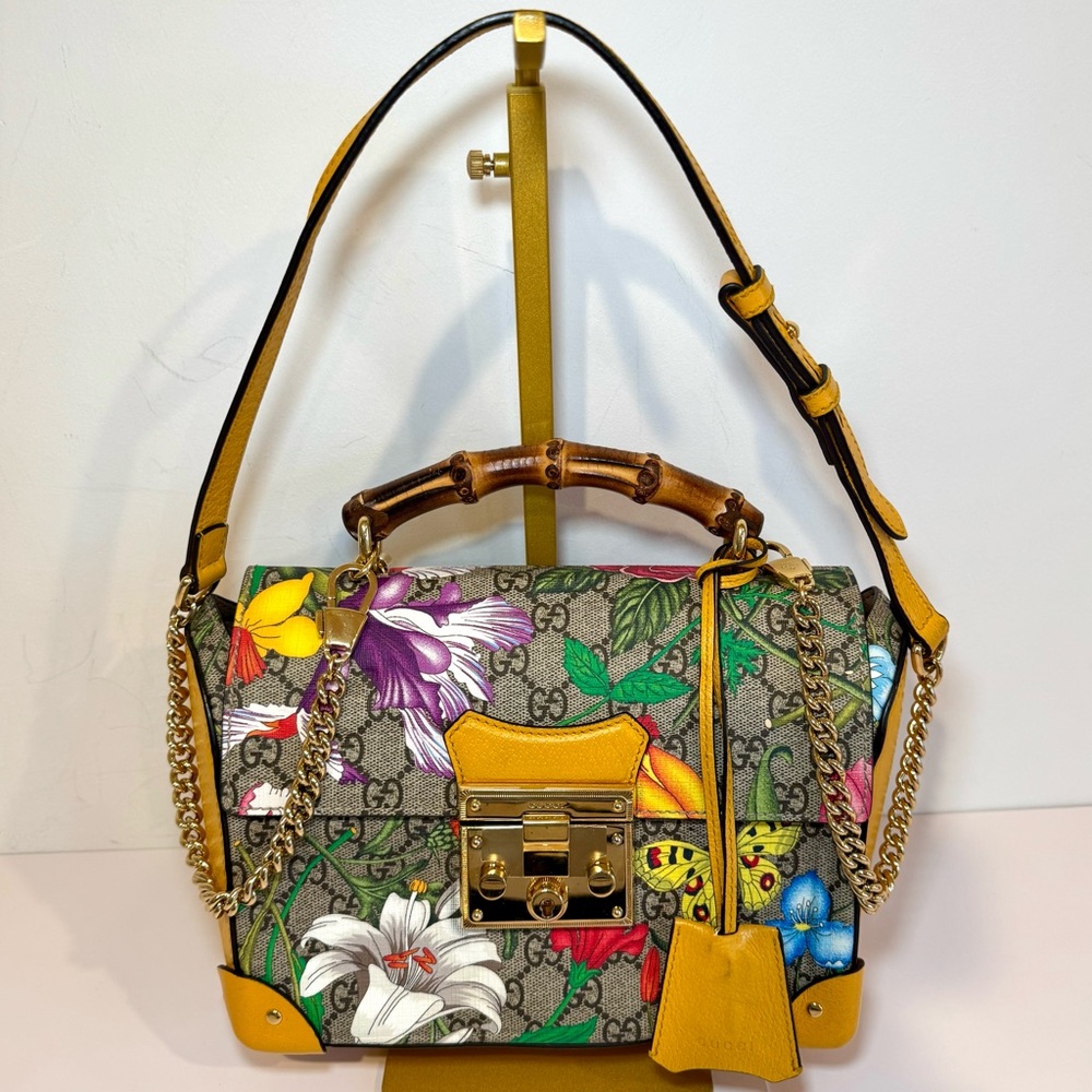 Gucci GG Supreme Monogram Logo Flora Yellow Small Padlock Bamboo Bag W Crossbody - Picture 2 of 16